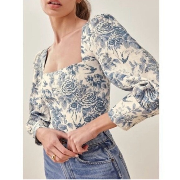 Reformation Stilton Linen top pompadour Blue White Floral Bird print New Size 8 - Picture 4 of 10
